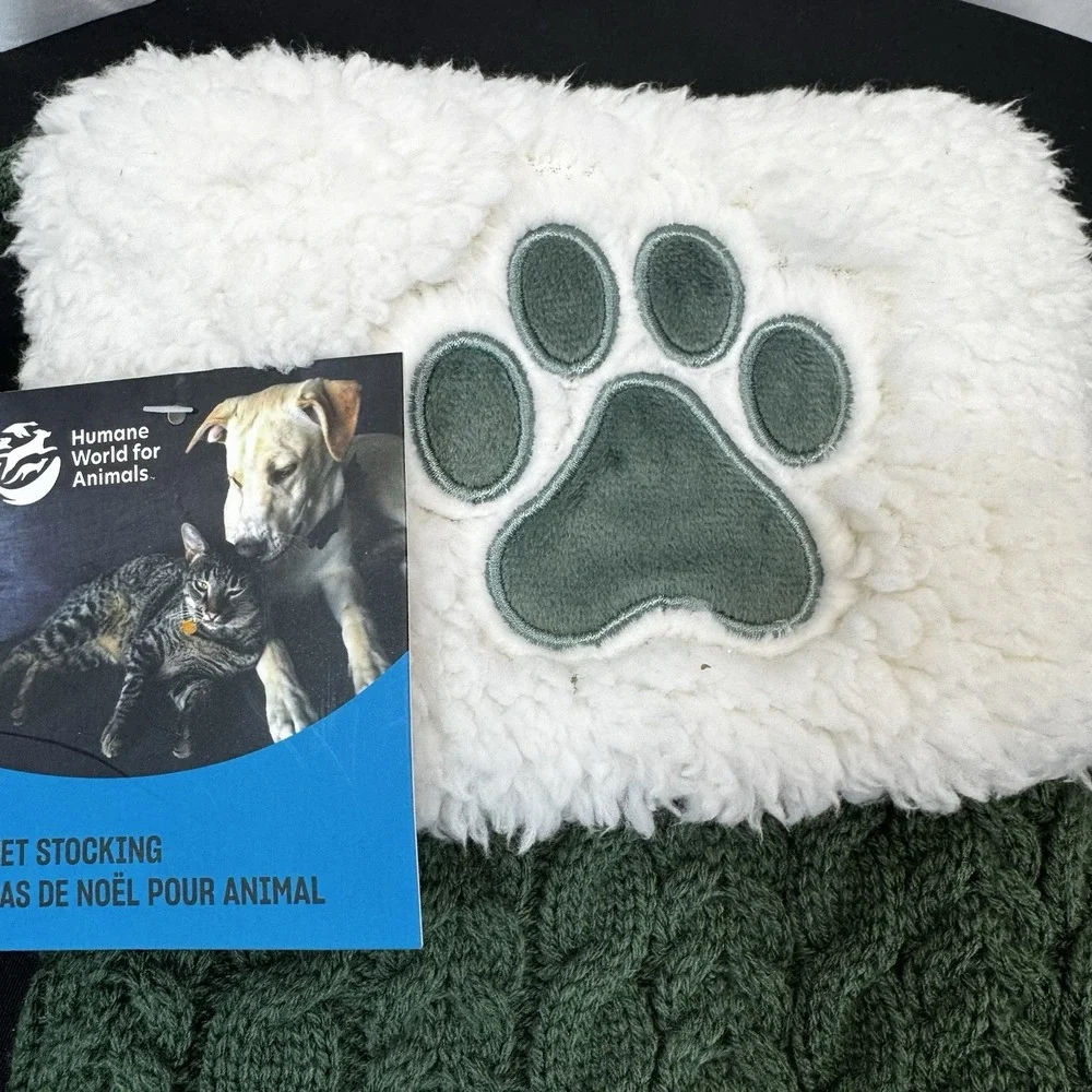The Humane Society Green & White Paw Print Cable Knit Christmas Stocking 18